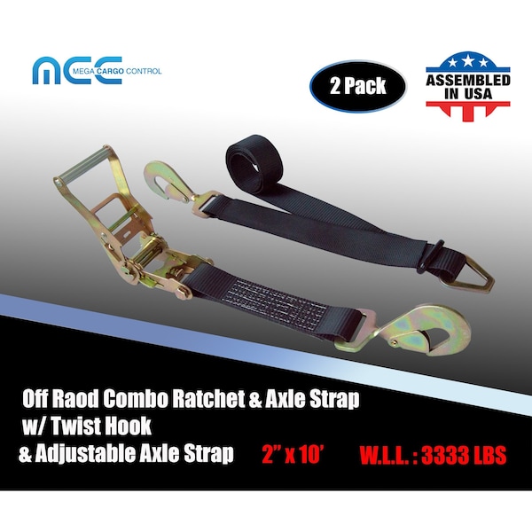 Axle Ratchet Tie Down Strap w/ Snap Hook Race Car Hauler Trailer Flatbed Black, 2PK